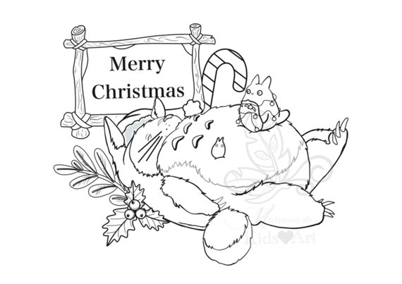 My friendly neighbour totoro christmas colouring page and greeting card digital print cute and adorable colouring page for kids and adult
