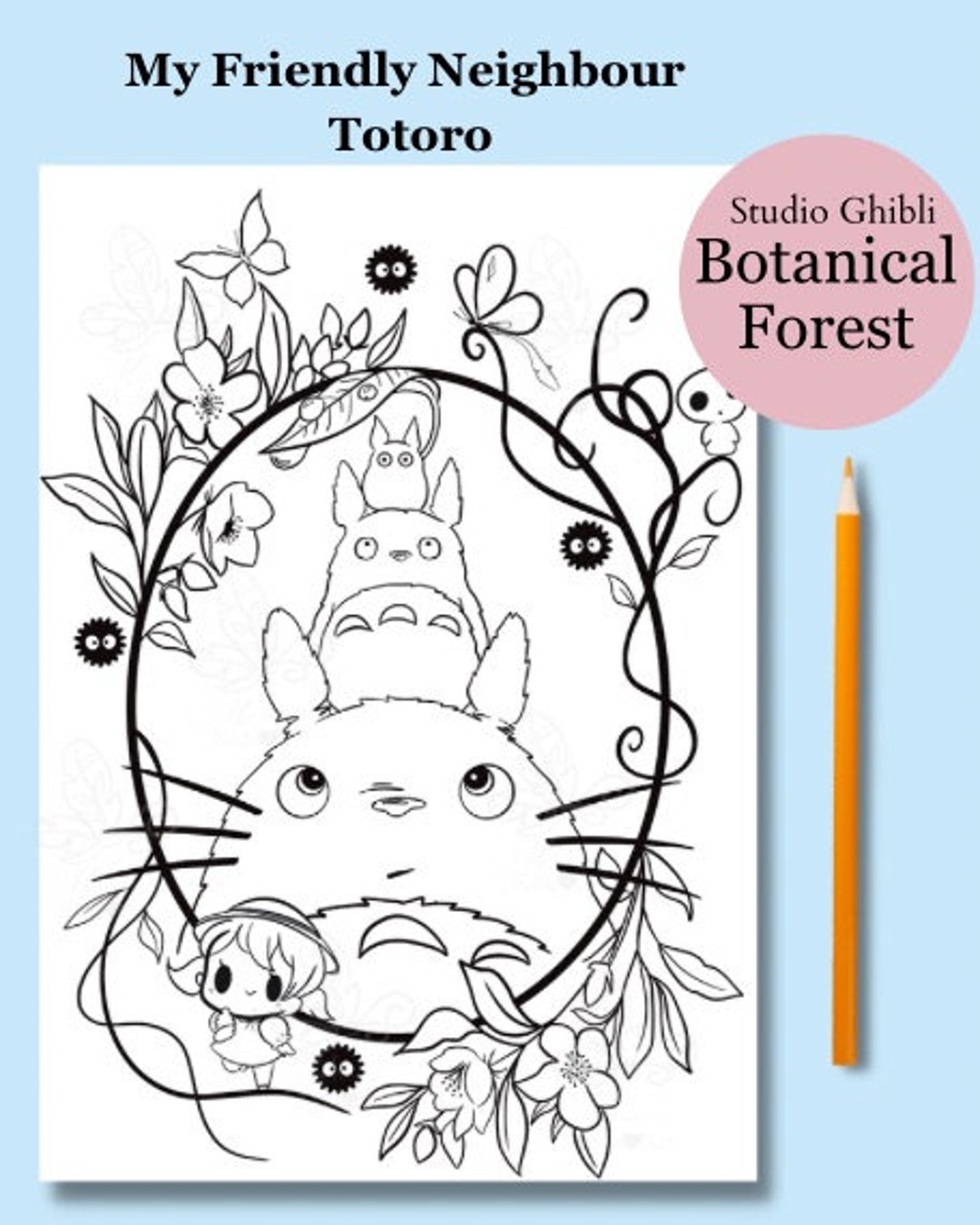Coloring page relaxing creative studio ghibli totoro printable floral drawing kids adult women digital art app pdfjpgpng