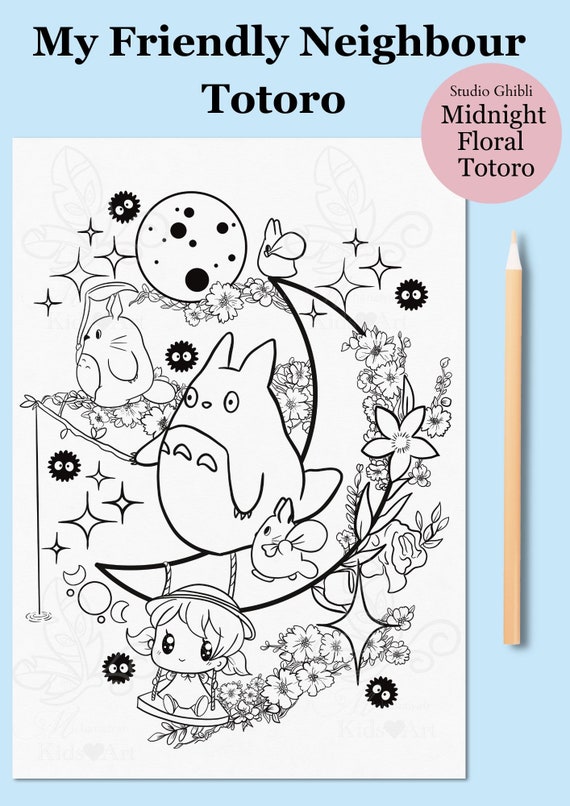 Coloring page relaxing creative studio ghibli totoro printable floral drawing kids adult women digital art app pdfjpgpng