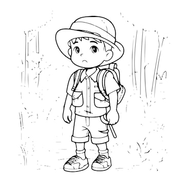 Premium vector sketch hand drawn single line art coloring page line drawing man in jungle day