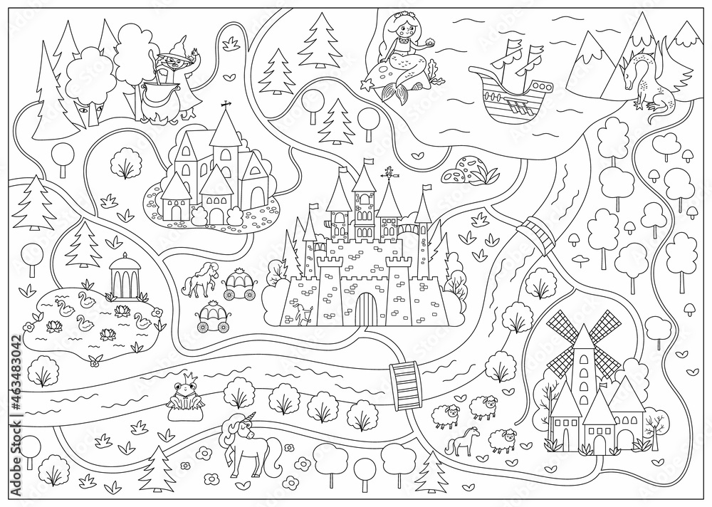 Fairytale black and white kingdom map medieval village line background vector fairy tale castle infographic elements with sea mountains forest ship fantasy town coloring page vector