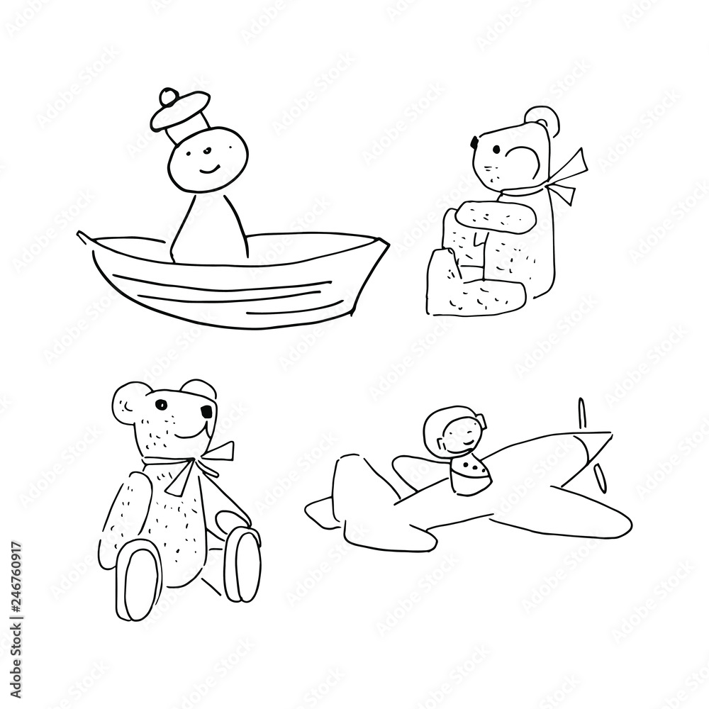 Doodle toys toys simple coloring page childrens drawing toys bear sailor plane set of cartoon toys black and white linear vector illustration isolated on white background vector