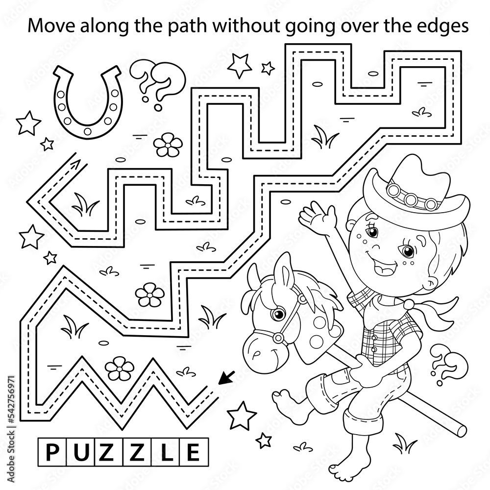 Handwriting practice sheet simple educational game or maze coloring page outline of cartoon fun boy playing cowboy with toy horse coloring book for kids vector