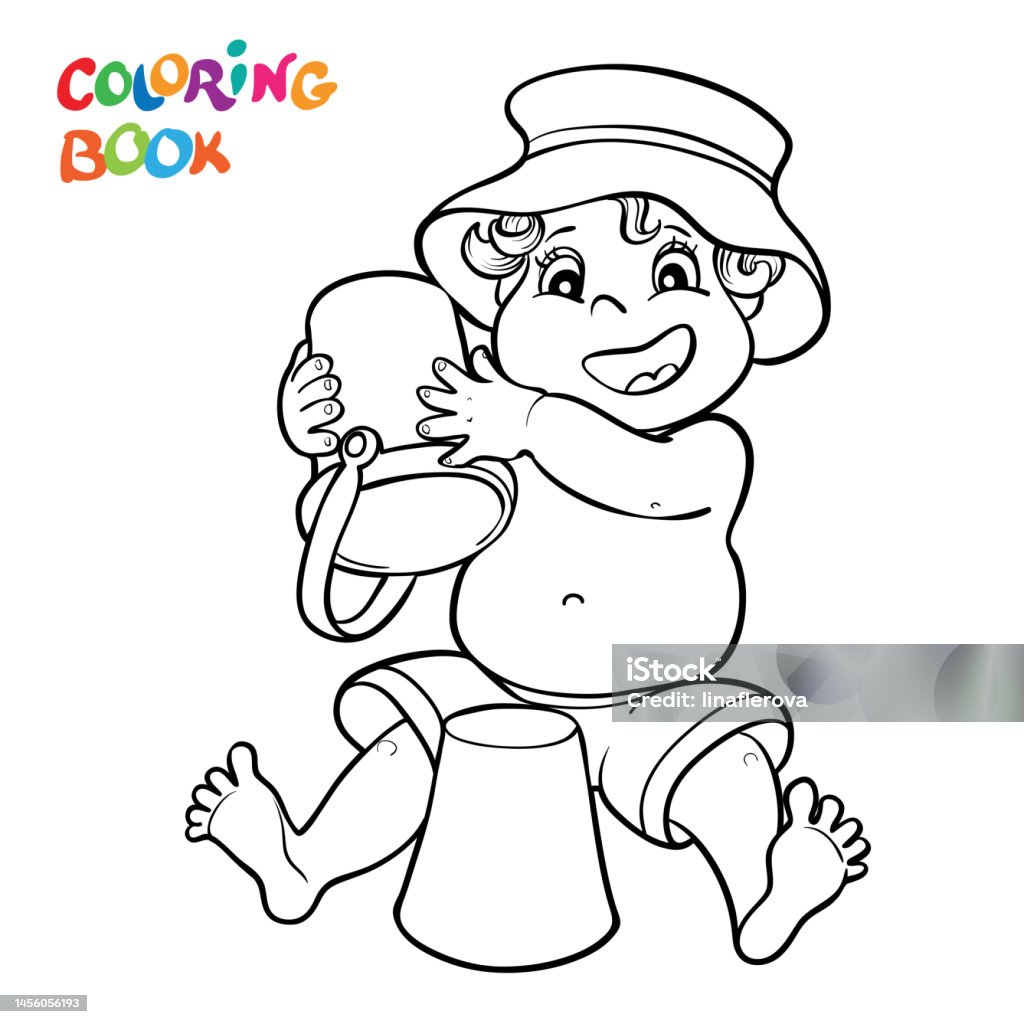 Coloring page happy child in shorts and panama hat play in the sand and toys stock illustration