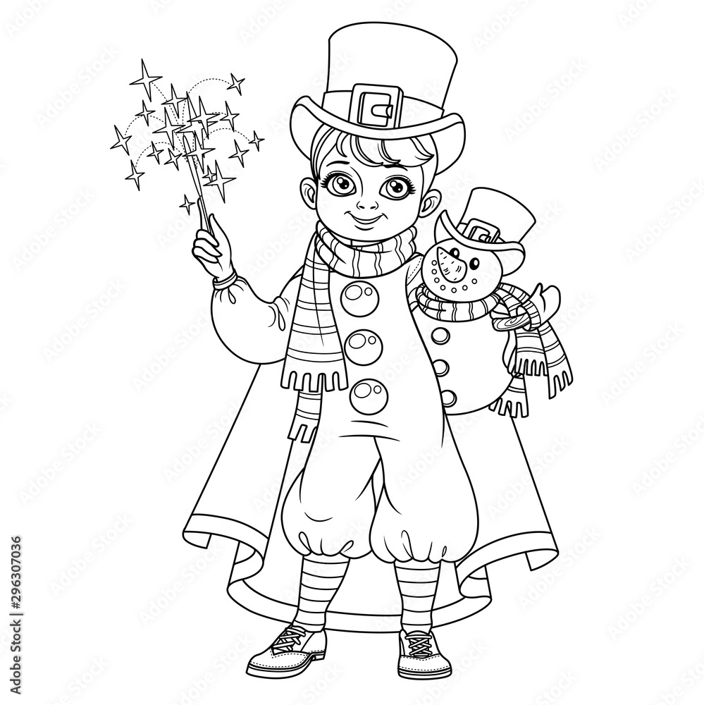 Cute boy in carnival costume snowman in top hat and red cloak and with a toy in hand outlined for coloring page vector