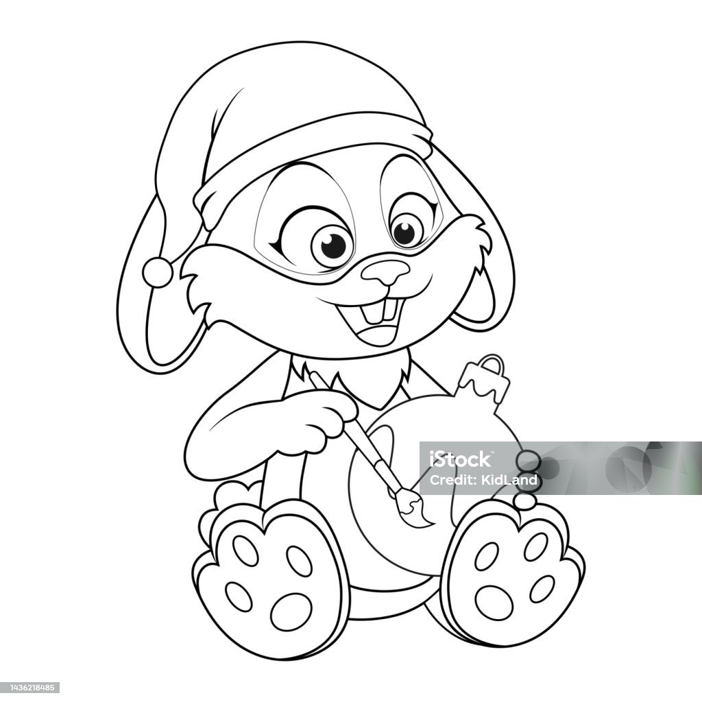 Colorless cartoon rabbit in santa hat painting brush new years toy black and white template for coloring book with hare as symbol of new year worksheet or greeting card with new year