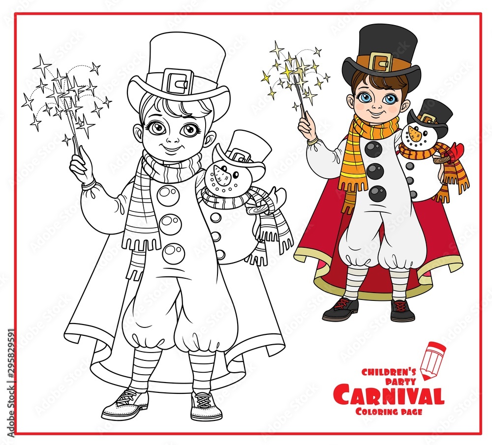 Cute boy in carnival costume snowman in top hat and red cloak and with a toy in hand color and outlined for coloring page vector