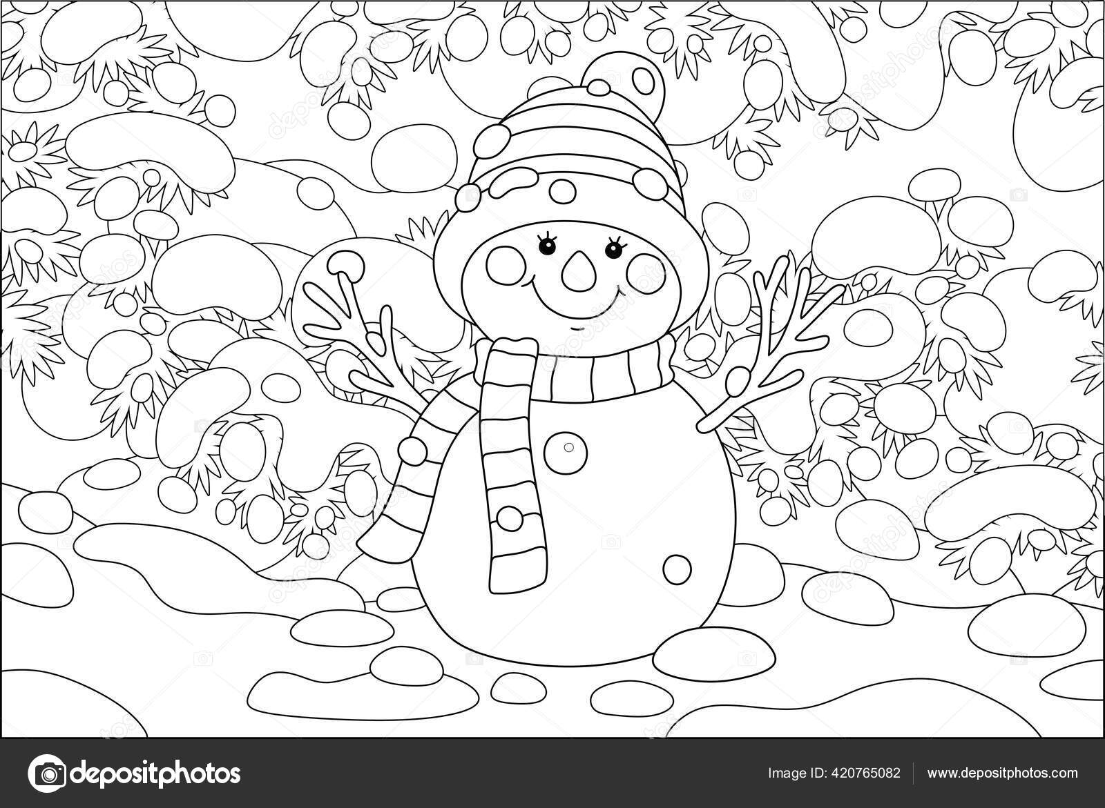 Smiling toy snowman warm scarf hat snow covered fir branches stock vector by alexbannykh