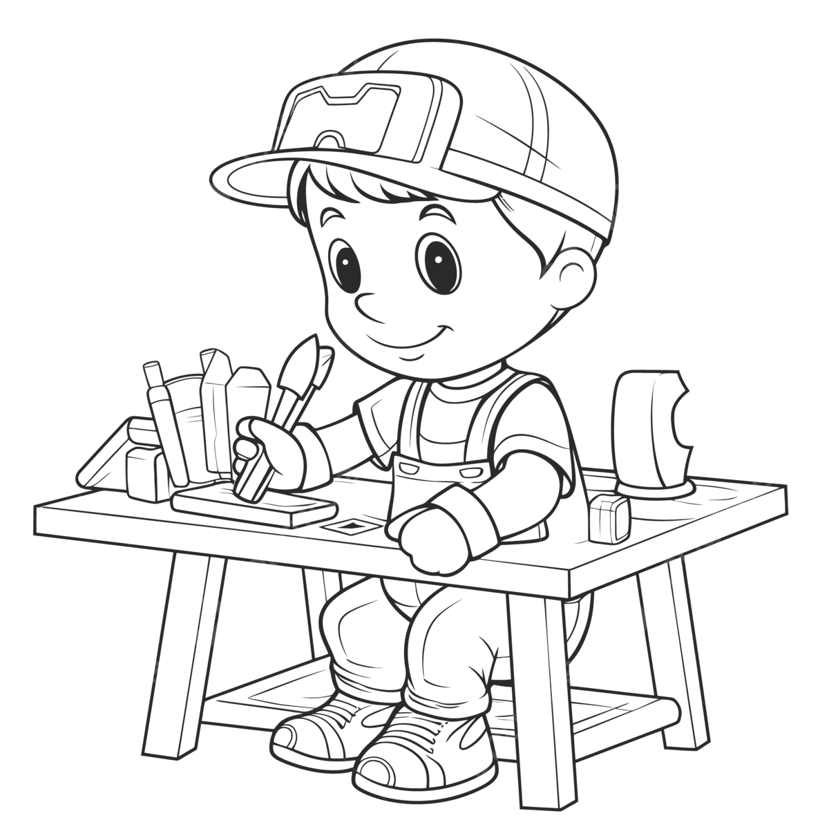 Black and white coloring page of boy building toys coloring with the tools outline sketch drawing vector wing drawing toy drawing ring drawing png and vector with transparent background for free download