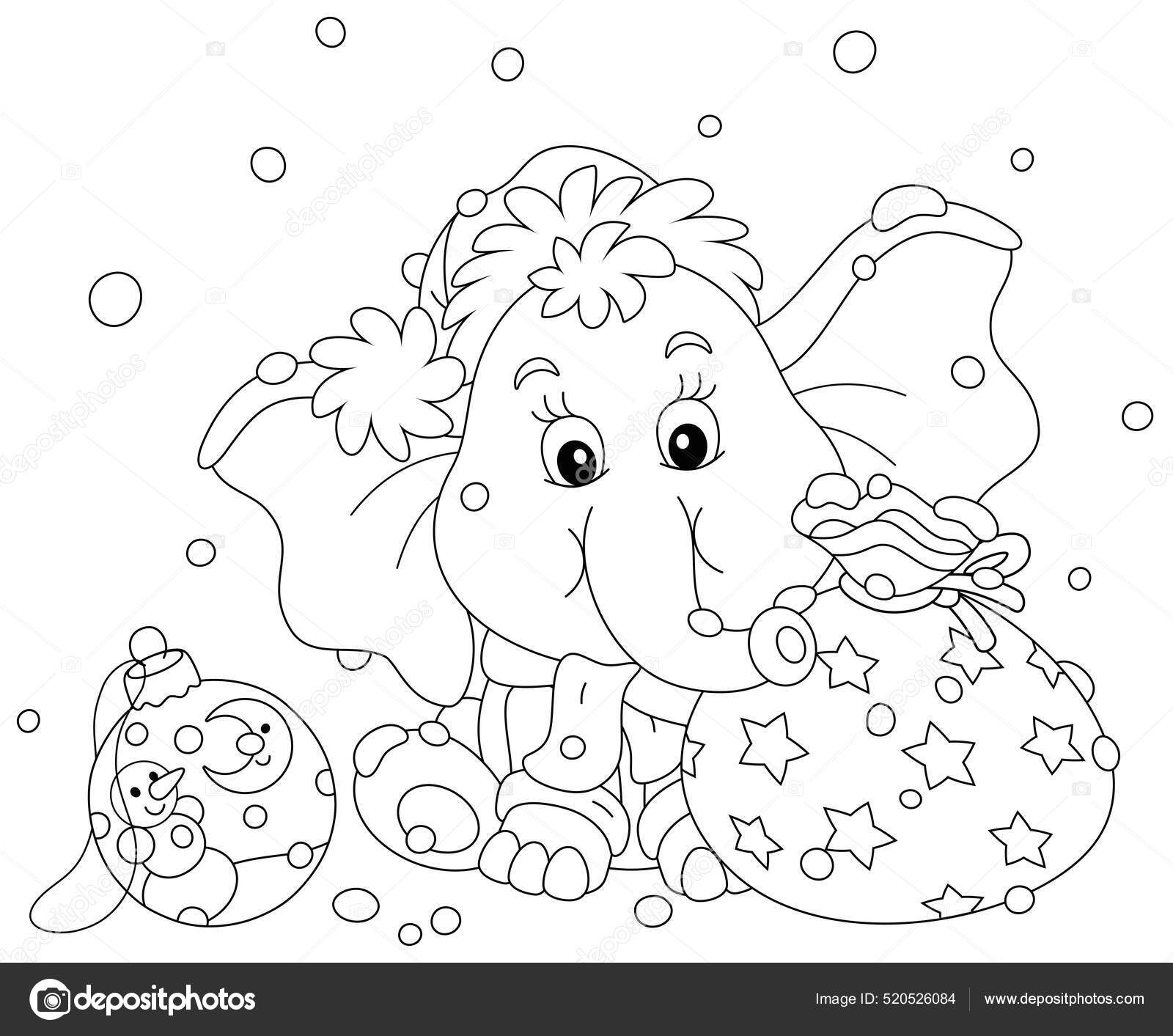 Cute little elephant santa hat sitting snow beautiful gift bag stock vector by alexbannykh