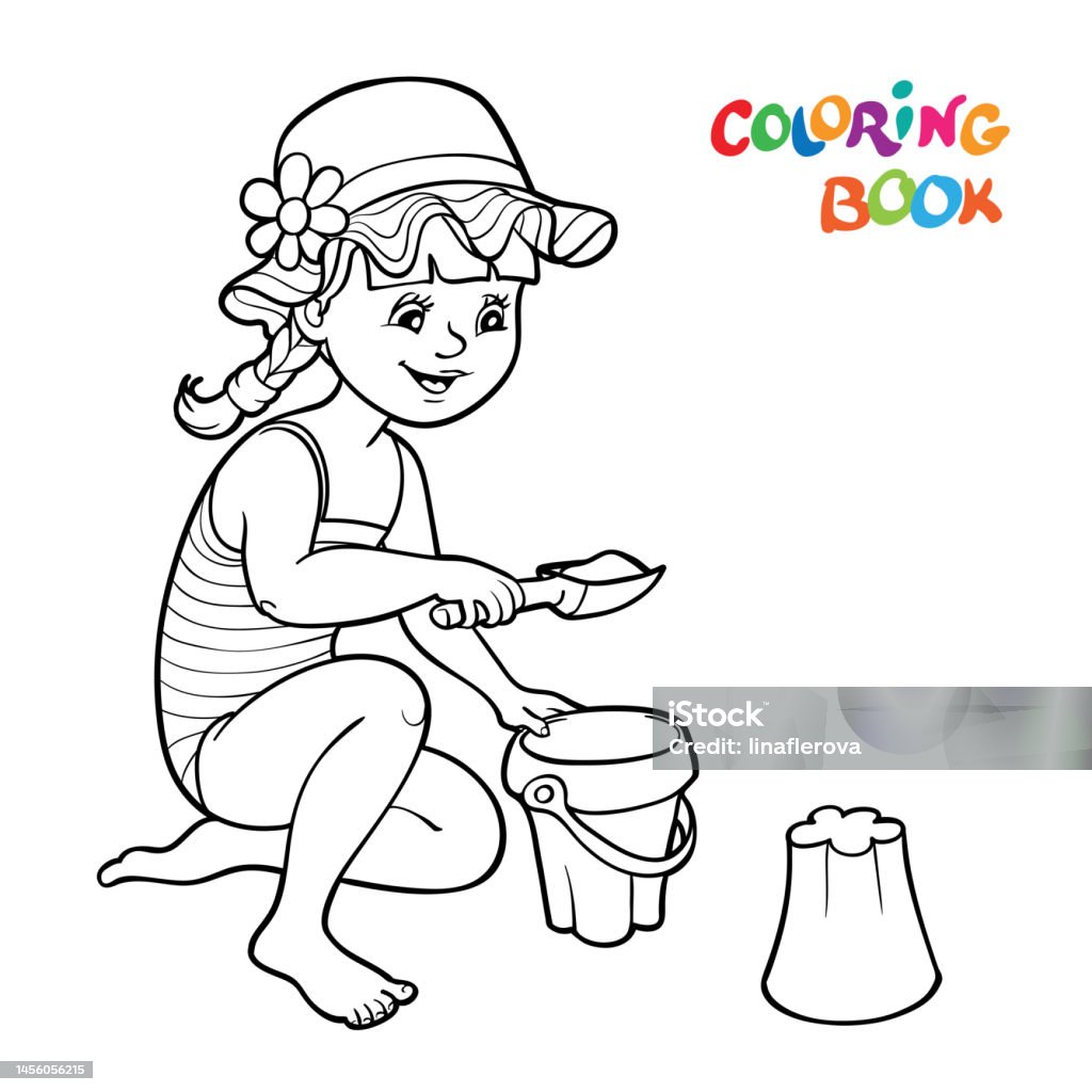 Coloring page a happy girl in panama hat play in the sand and toysåéåååæååèæé