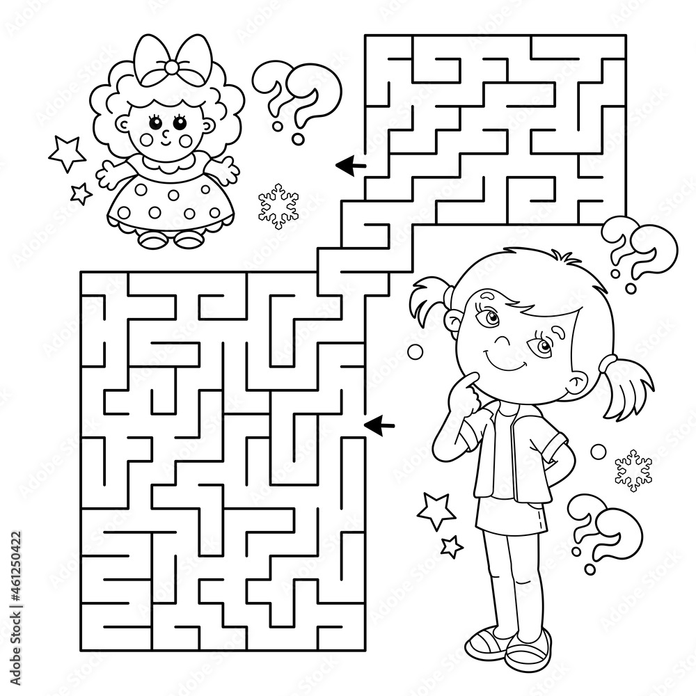 Maze or labyrinth game puzzle coloring page outline of cartoon girl with toy doll coloring book for kids vector