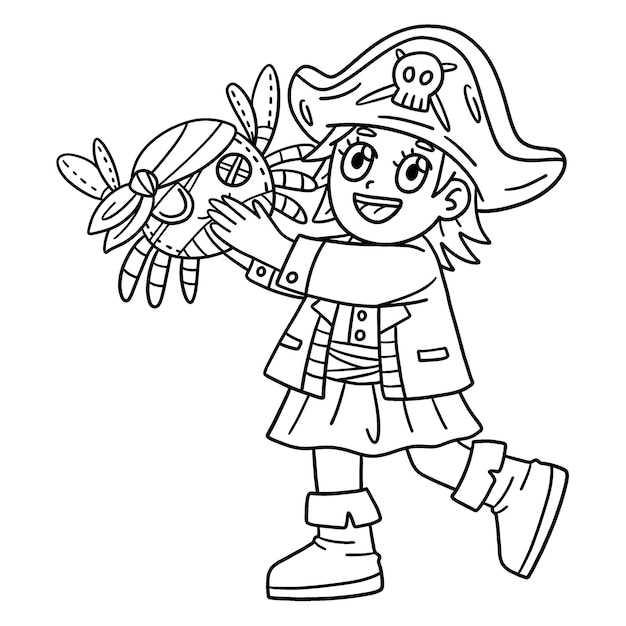 Premium vector a cute and funny coloring page of a child with a pirate crab toy provides hours of coloring fun for children color this page is very easy suitable for