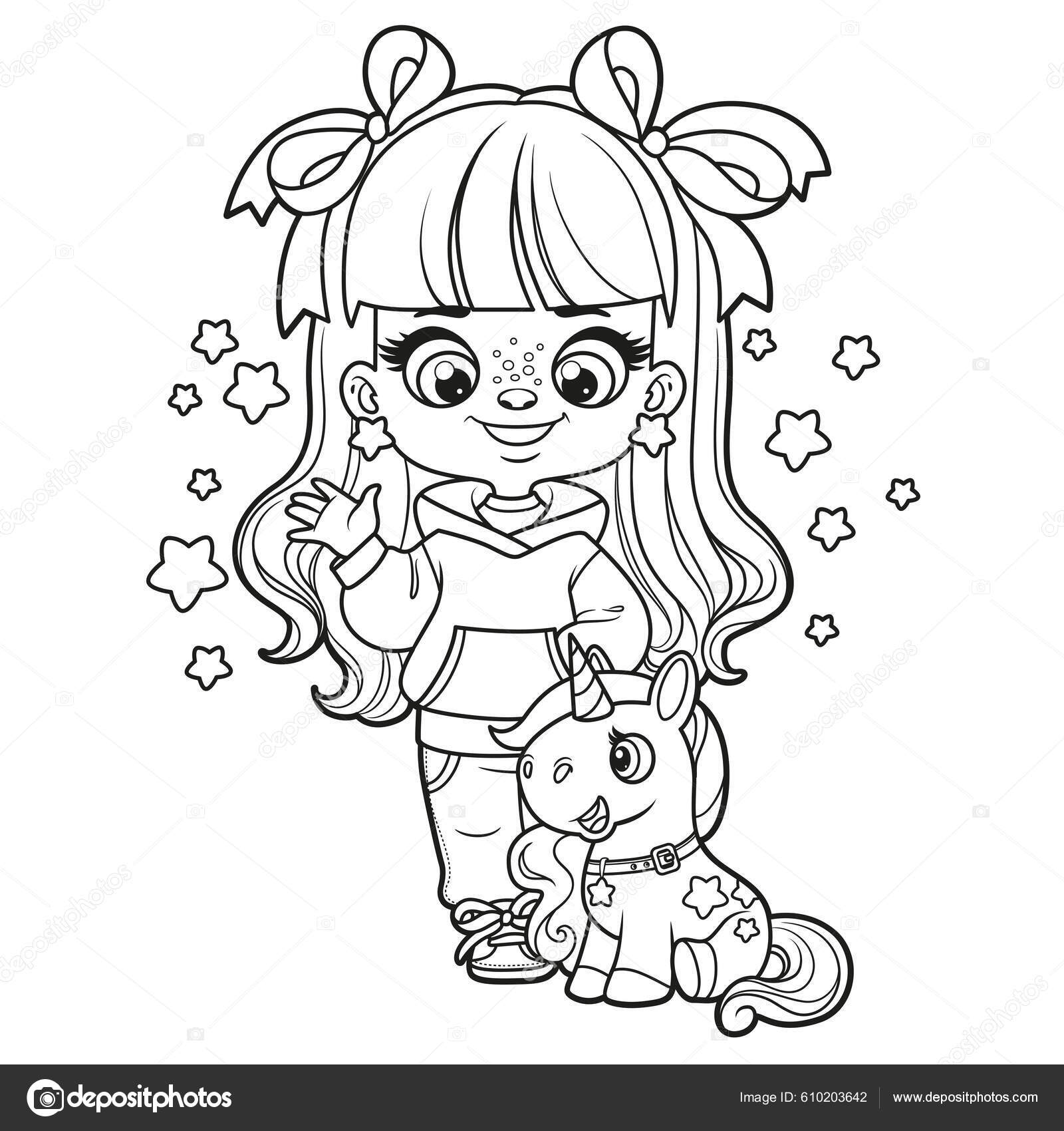 Cute cartoon girl soft toy unicorn outlined coloring page white stock vector by yadviga