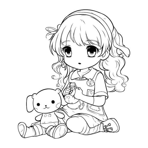 Premium vector cute little girl playing with her toy dog vector illustration