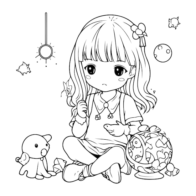 Premium vector cute little girl playing with toys black and white vector illustration for coloring book