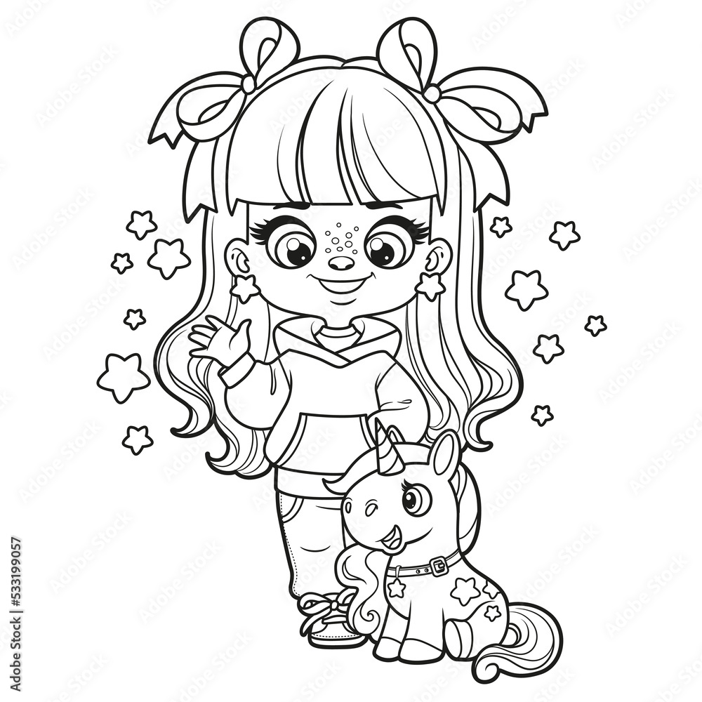 Cute cartoon girl with soft toy unicorn outlined for coloring page on a white background vector