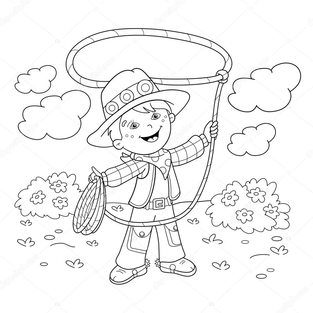 Coloring page outline of cartoon cowboy with lasso stock vector by oleon
