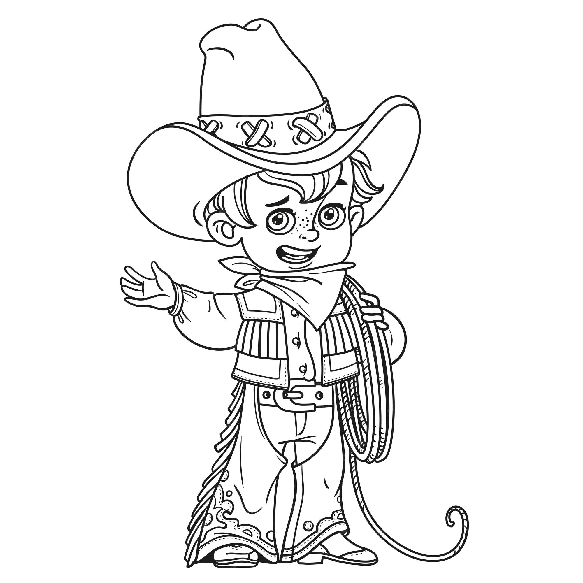 Premium vector cute little boy holds the lasso and points to the side outlined