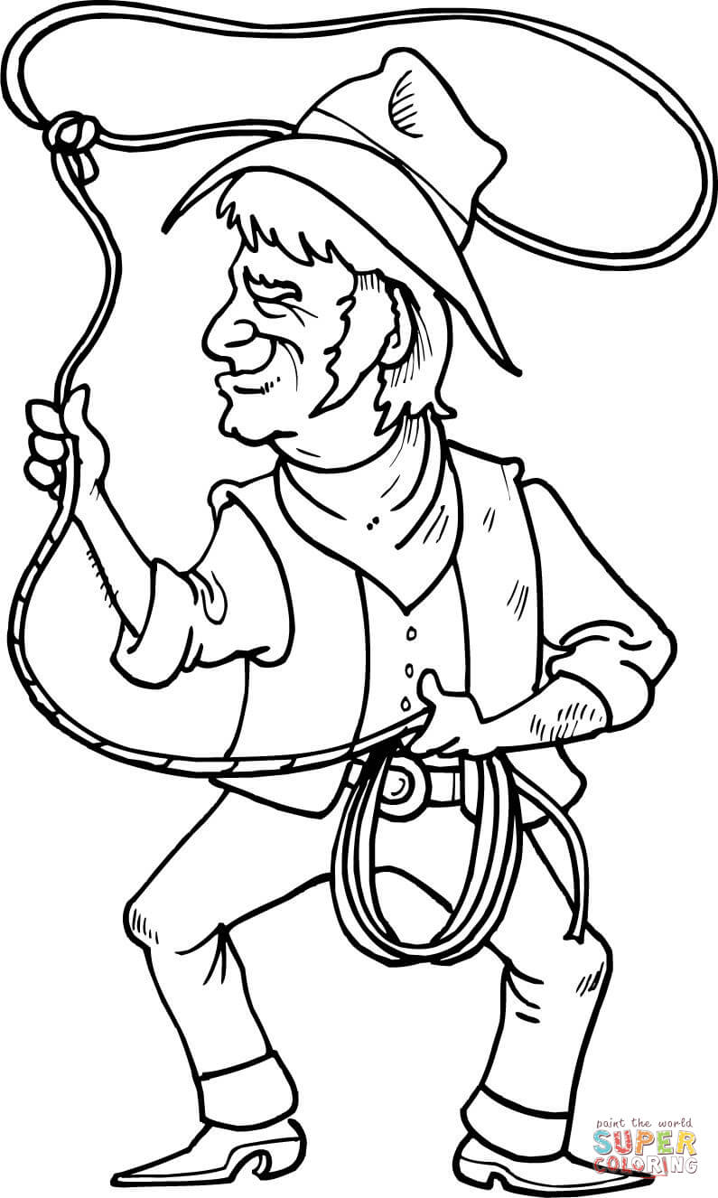 Cowboy is throwing the lasso loop of rope coloring page free printable coloring pages