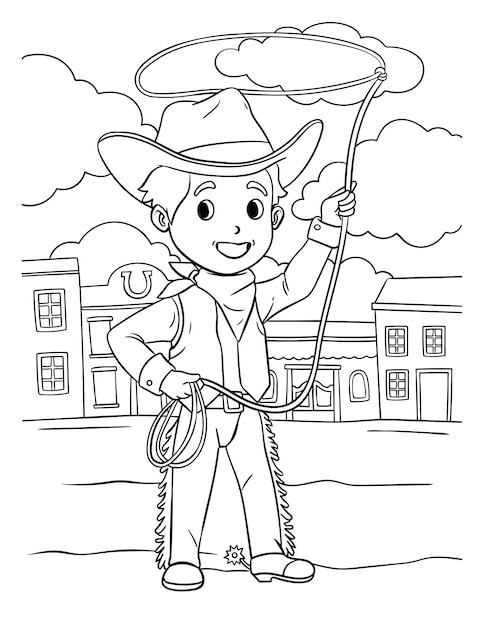 Premium vector cowboy with rope coloring page for kids
