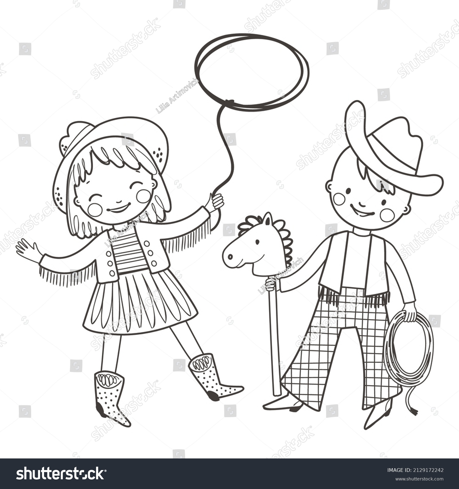 Coloring page cute cowboy cowgirl lasso stock vector royalty free