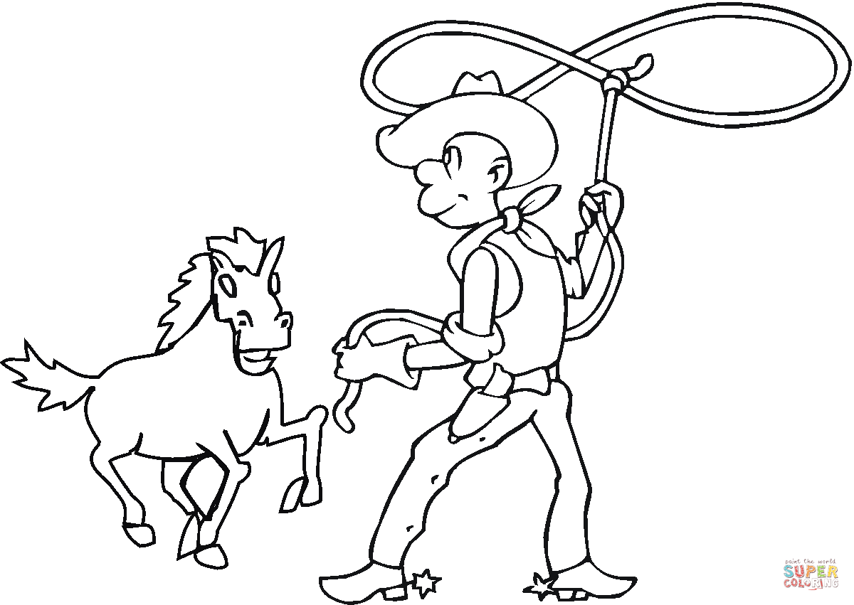 Cowboy catching the horse with lasso coloring page free printable coloring pages