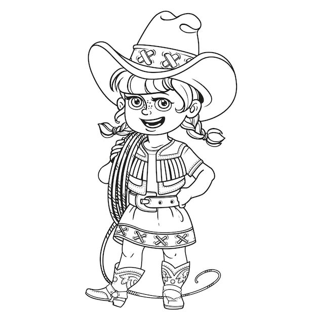 Premium vector cute girl in a cowboy suit is holding a lasso on her shoulder ou