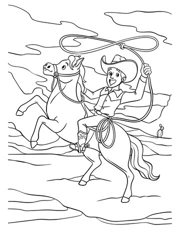 Premium vector cowboy throwing a lasso on a horse coloring page