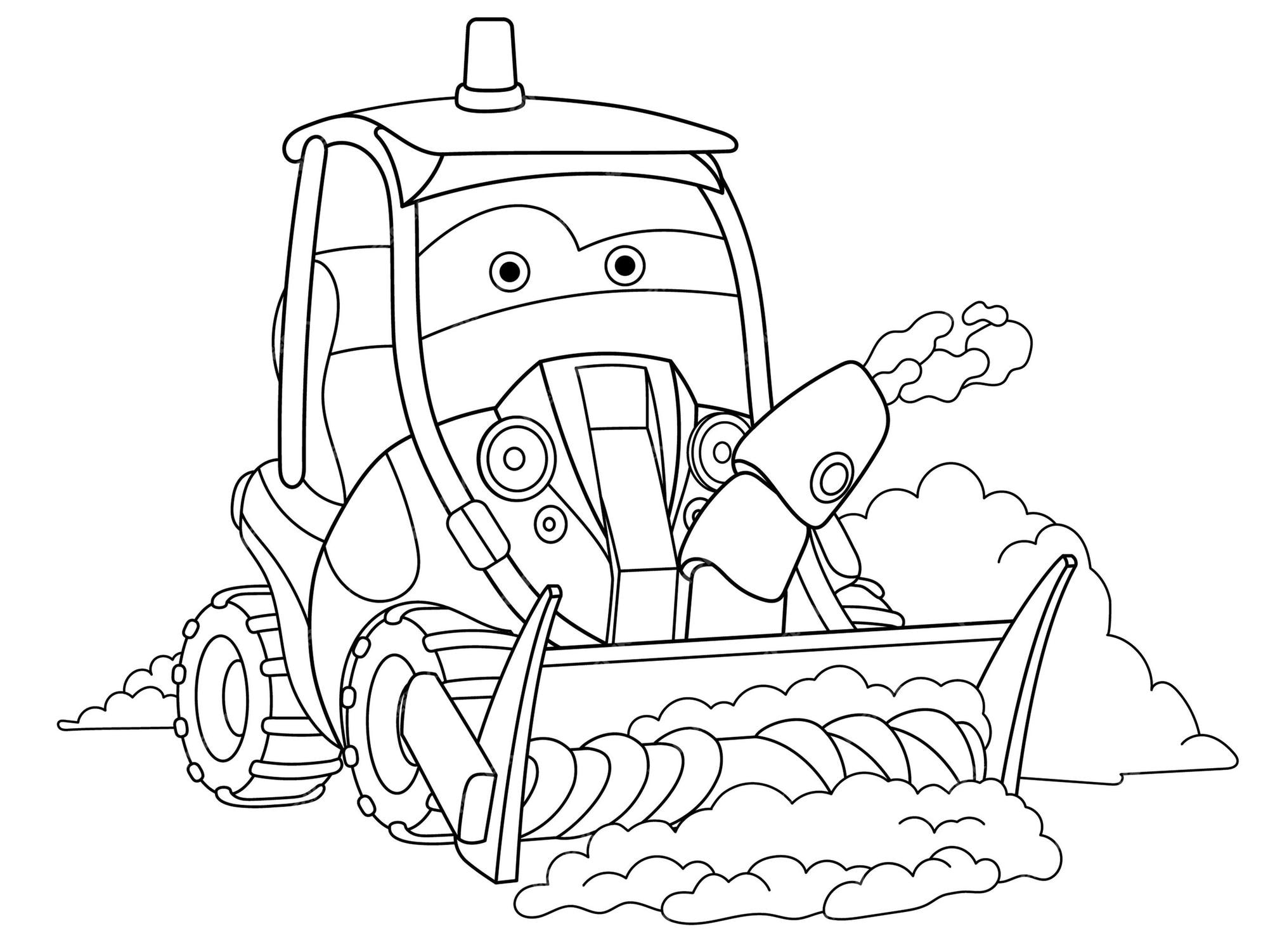 Premium vector snowblowing machine cartoon toy vehicle with funny face coloring book page for kids