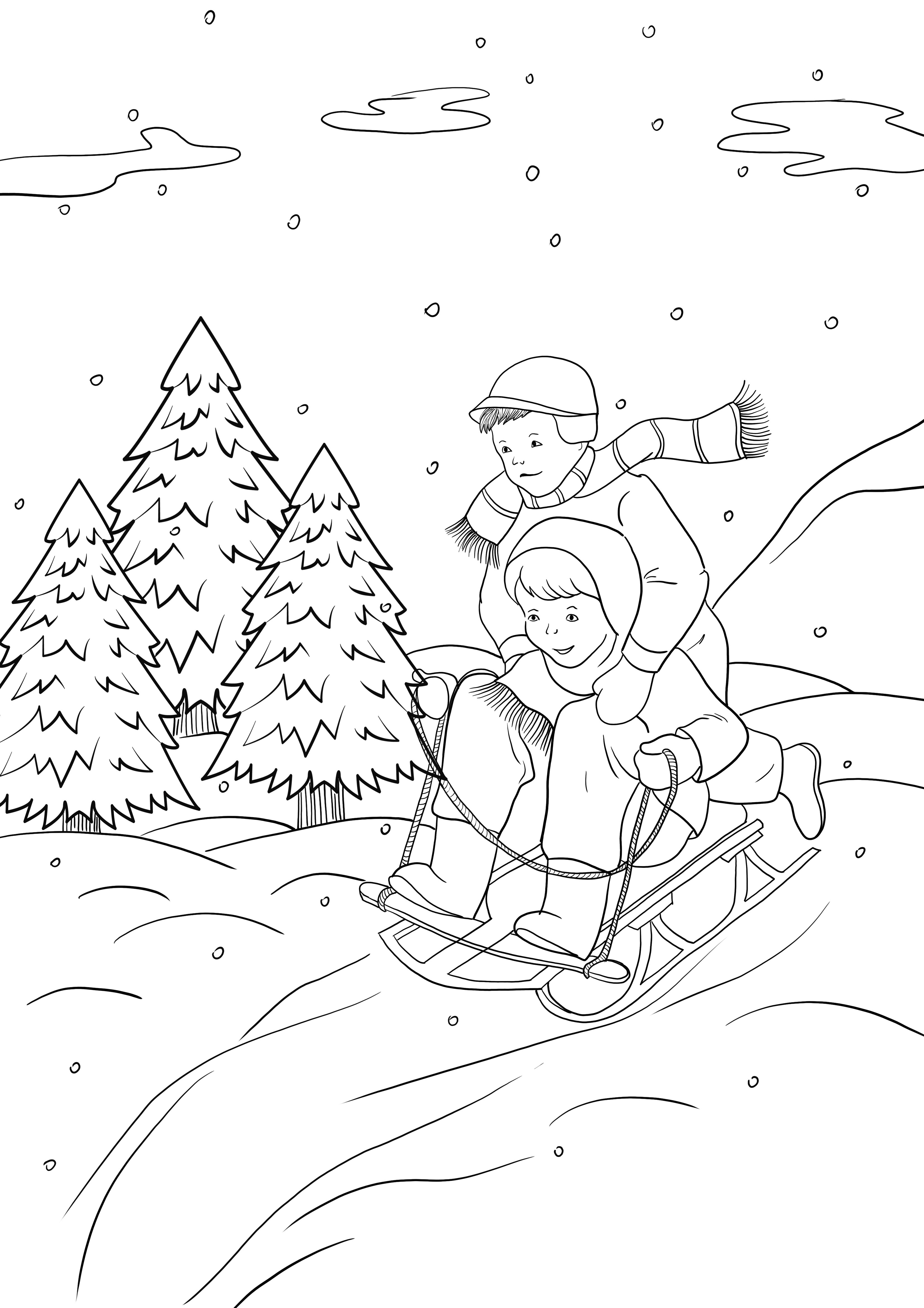Boys sledging on a hill print and color picture