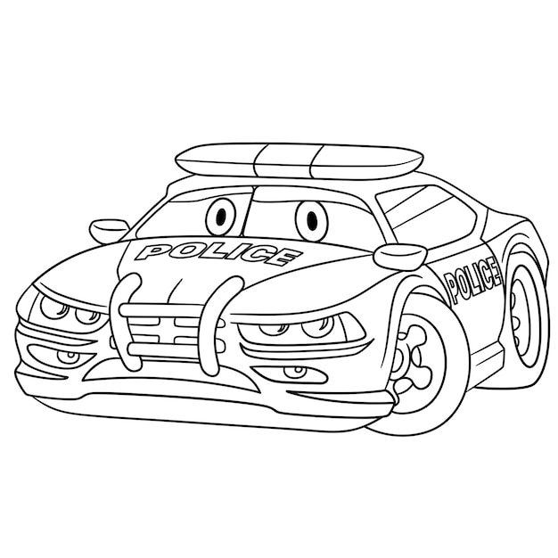 Premium vector police car cartoon toy vehicle with funny face coloring book page for kids