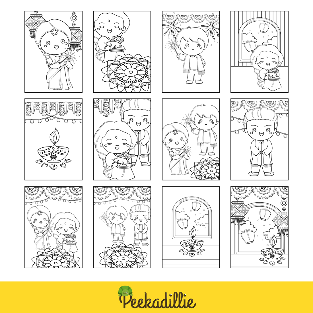 Diwali deepavali festival kids couple india hindus traditional celebration background party decoration event cartoon coloring pages for kids and adult