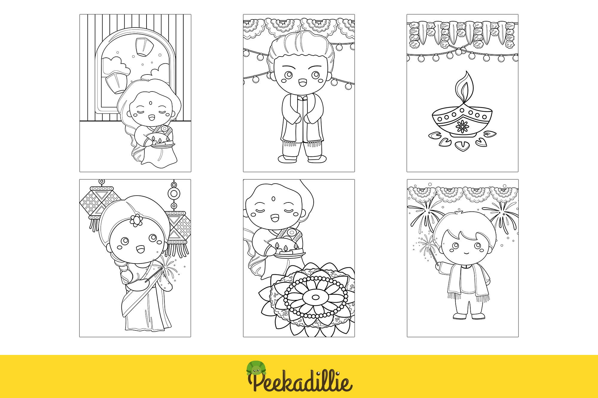 Diwali deepavali festival kids couple india hindus traditional celebration background party decoration event cartoon coloring pages for kids and adult