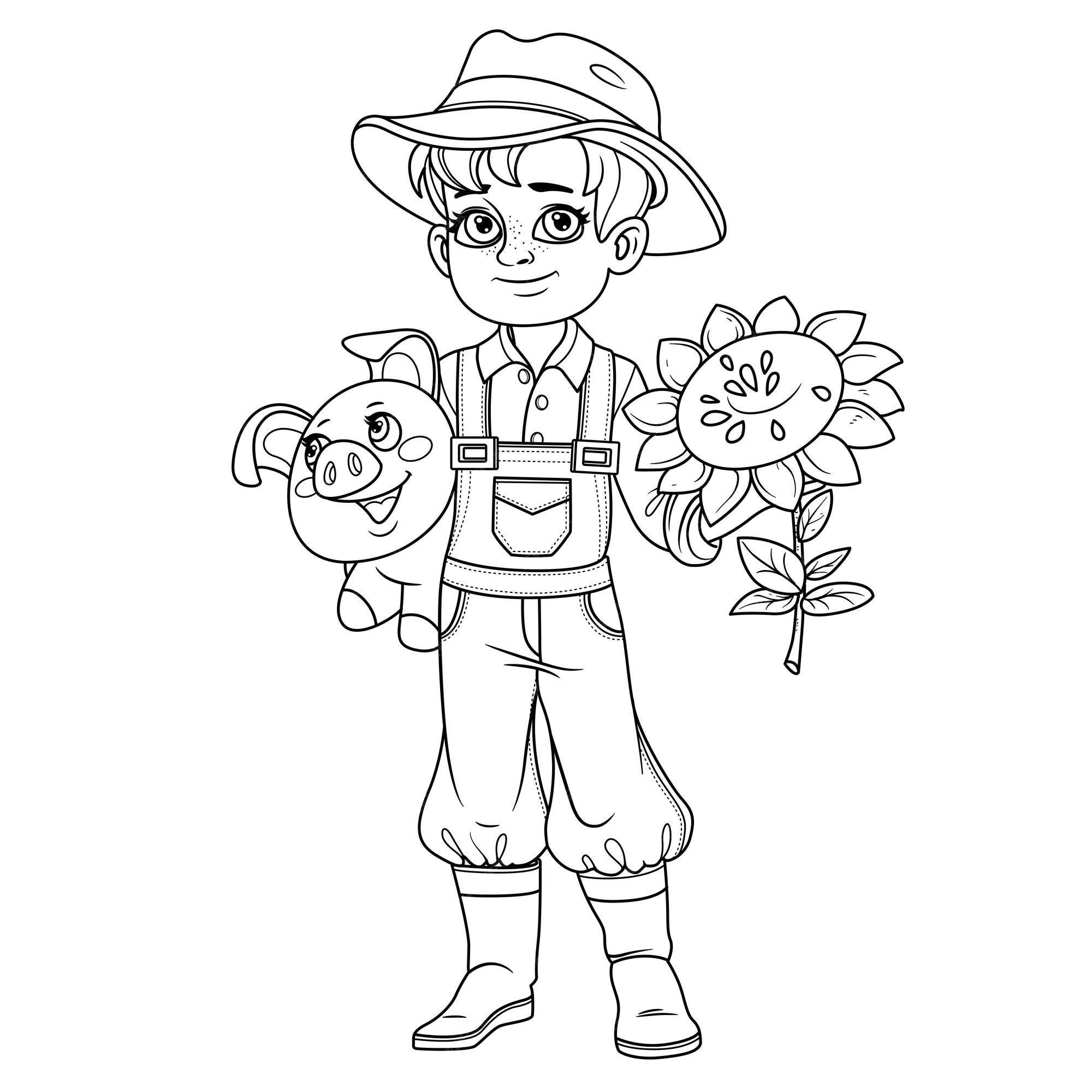 Premium vector cute boy in farmer costume with pig toy and sunflower in hands outlined for coloring page
