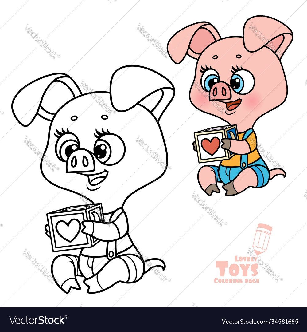Cute cartoon soft toy pig holding a cube vector image