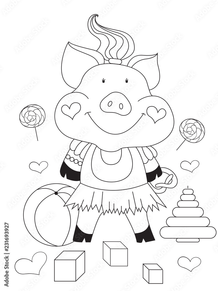 Game for the development of children in kindergarten coloring book pig vector lollipops cubes toys childrens room vector