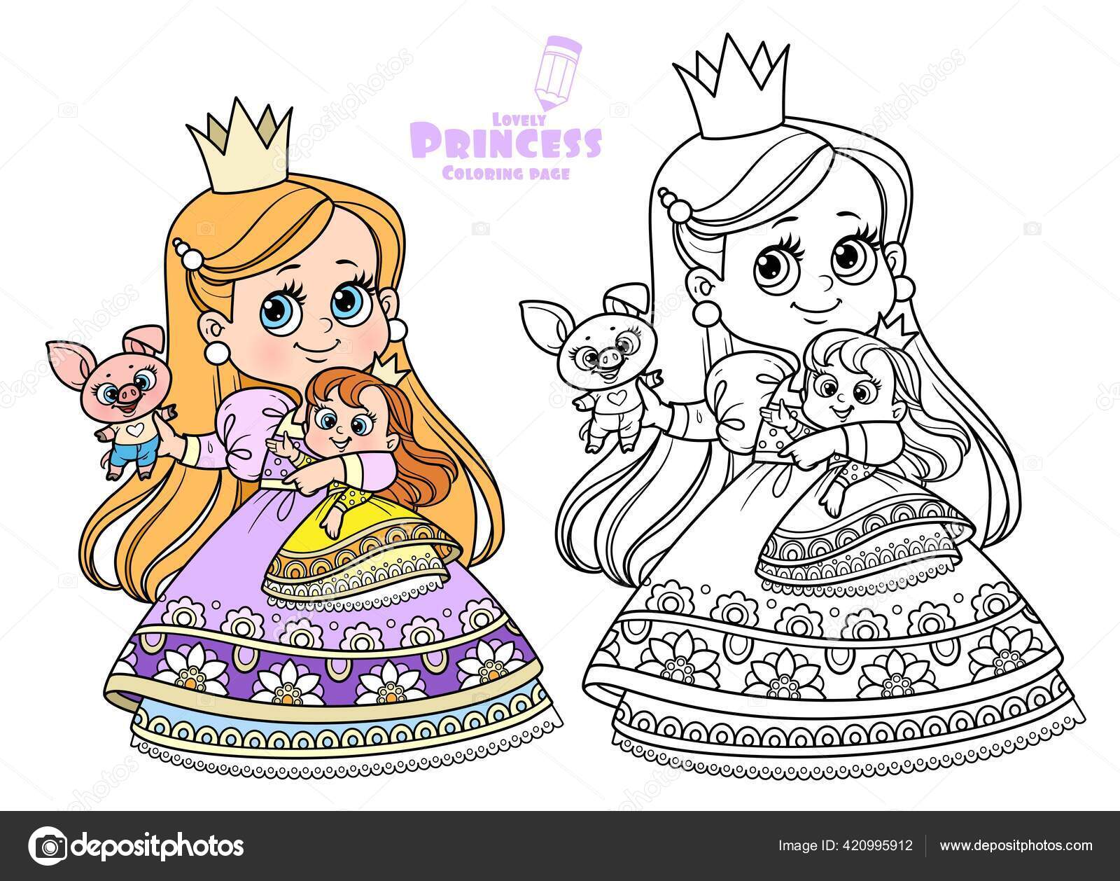 Cute blond princess doll soft toy pig outlined color coloring stock vector by yadviga