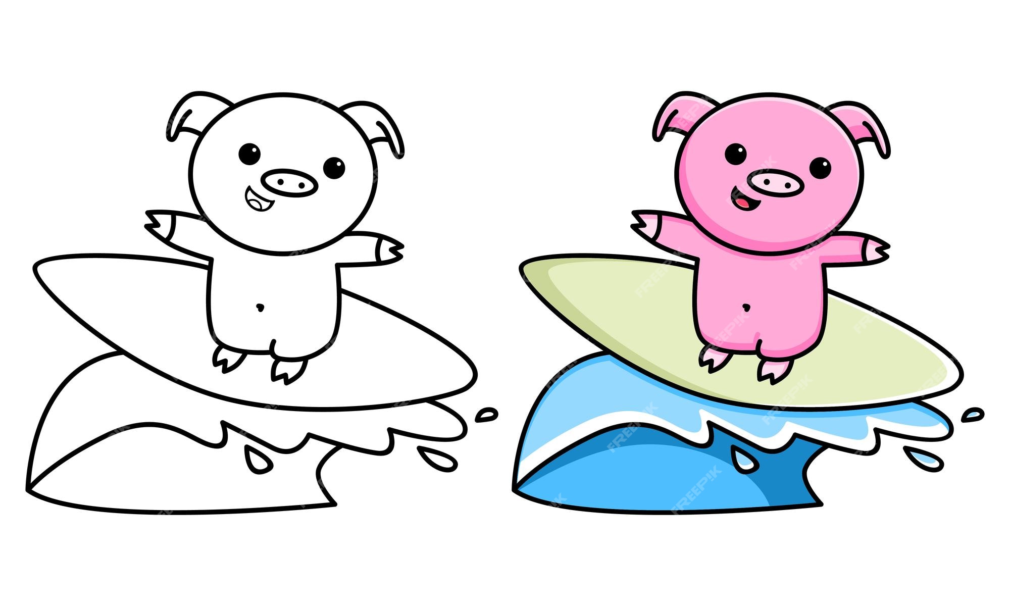 Premium vector cute pig surfing on wave coloring page for kids