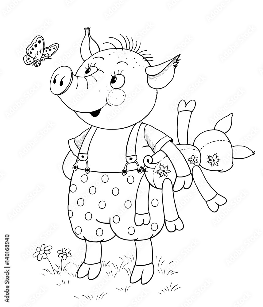 Three little pigs fairy tale a cute pig with his toy illustration for children coloring page illustration