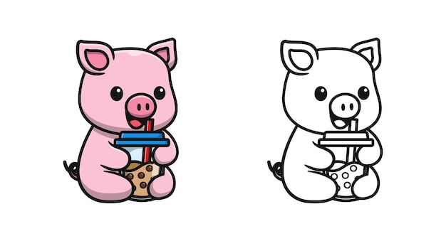 Premium vector cute pig with bubble tea cartoon coloring pages for kids