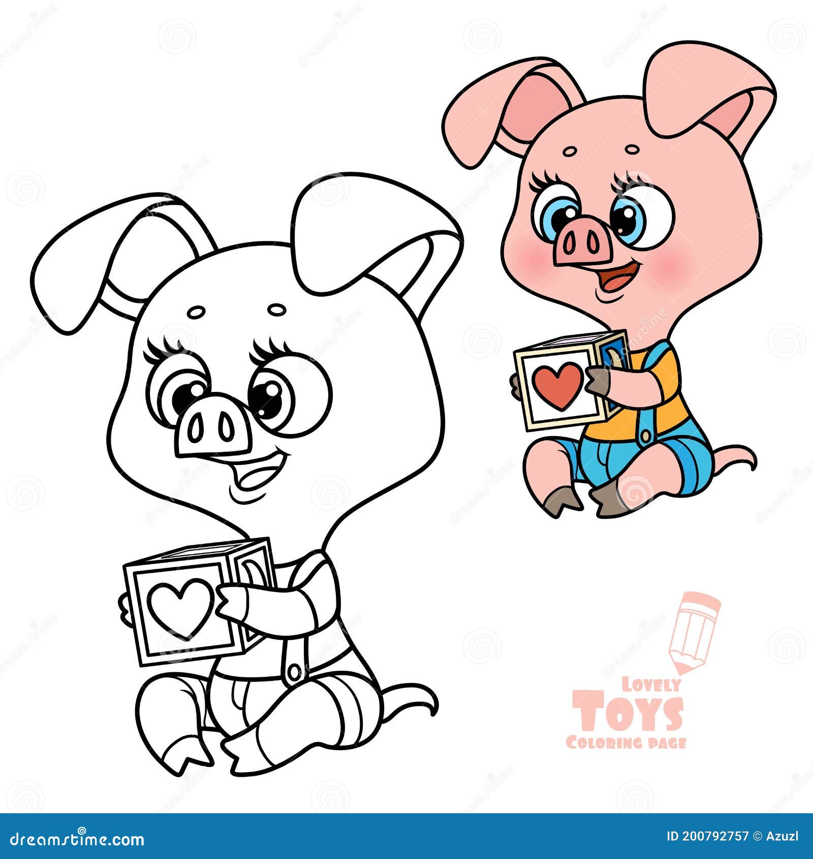 Cartoon soft toy pig holding a toy cube in hooves outlined and color for coloring book stock illustration