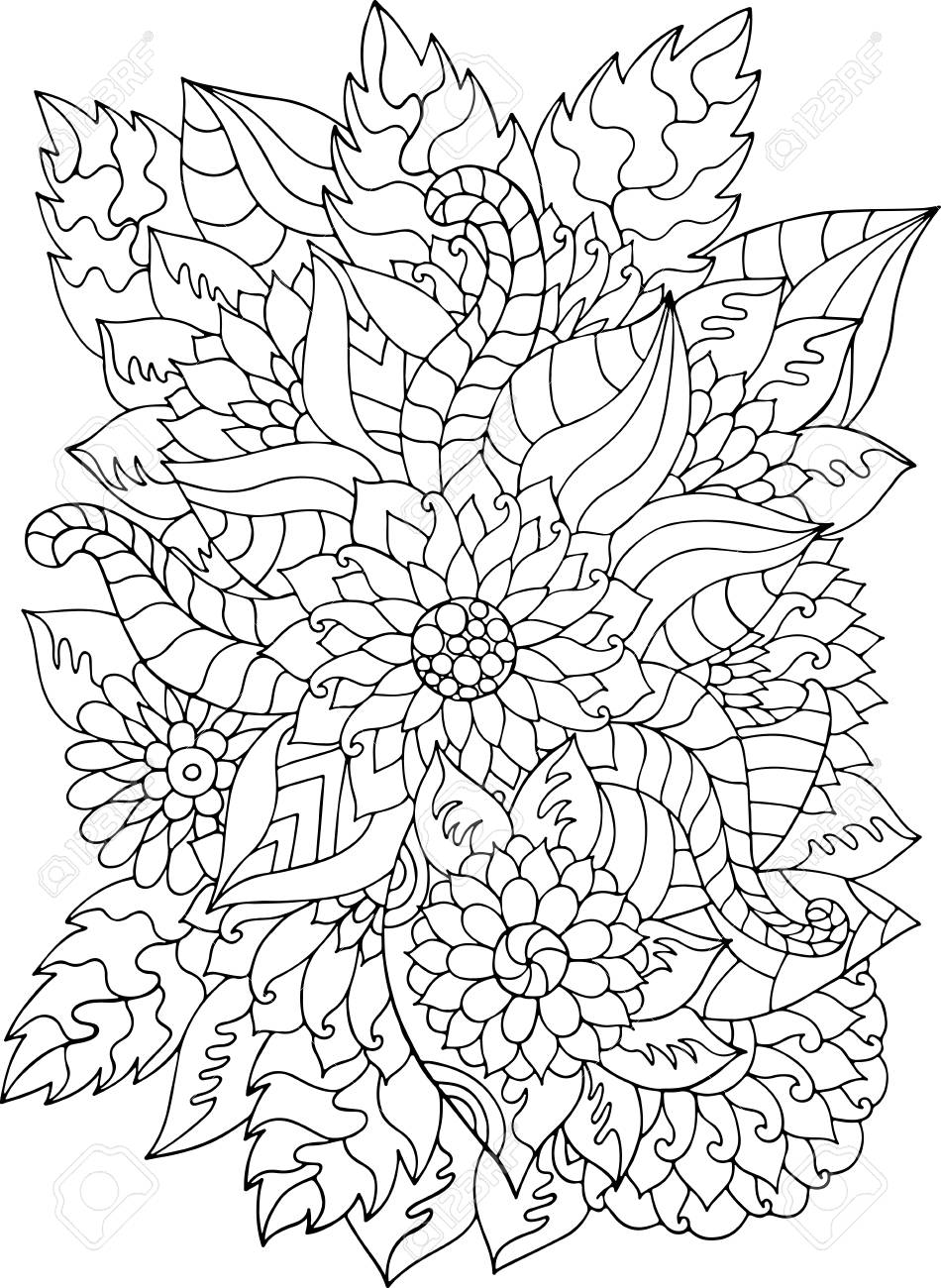 Hand drawn flowers and leaves for adult anti stress coloring page with high details isolated on white background made by trace from sketch ink pen pattern for relax and meditation royalty free