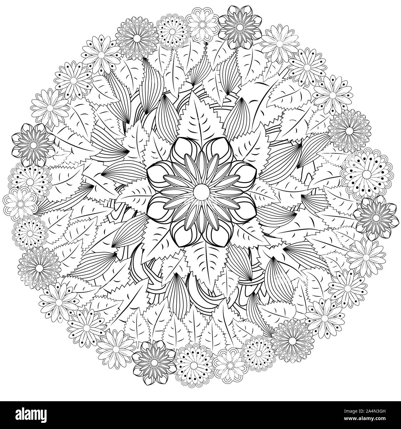 Black and white circle flower ornament ornamental round lace design floral mandala hand drawn ink pattern made by trace from personal sketch stock photo