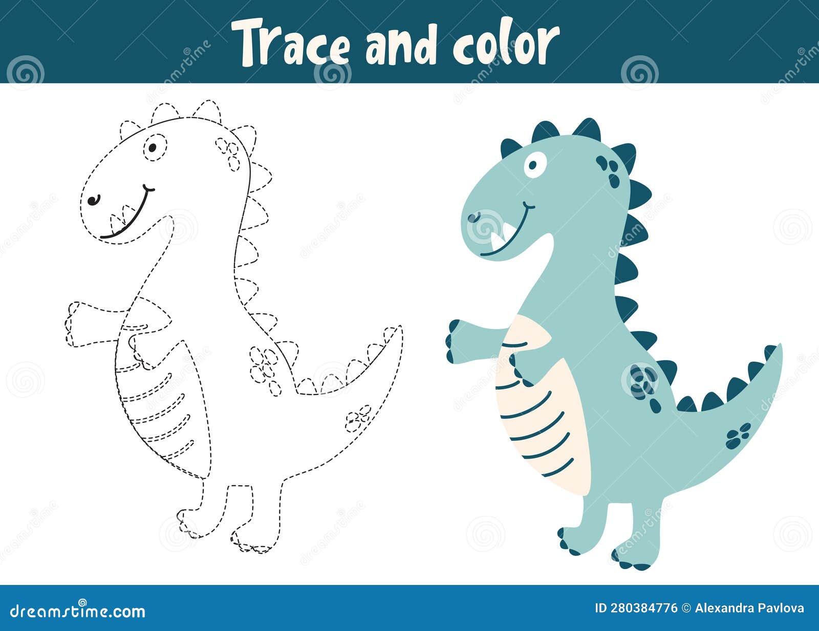 Trace and color cartoon vector dragon educational coloring page stock vector