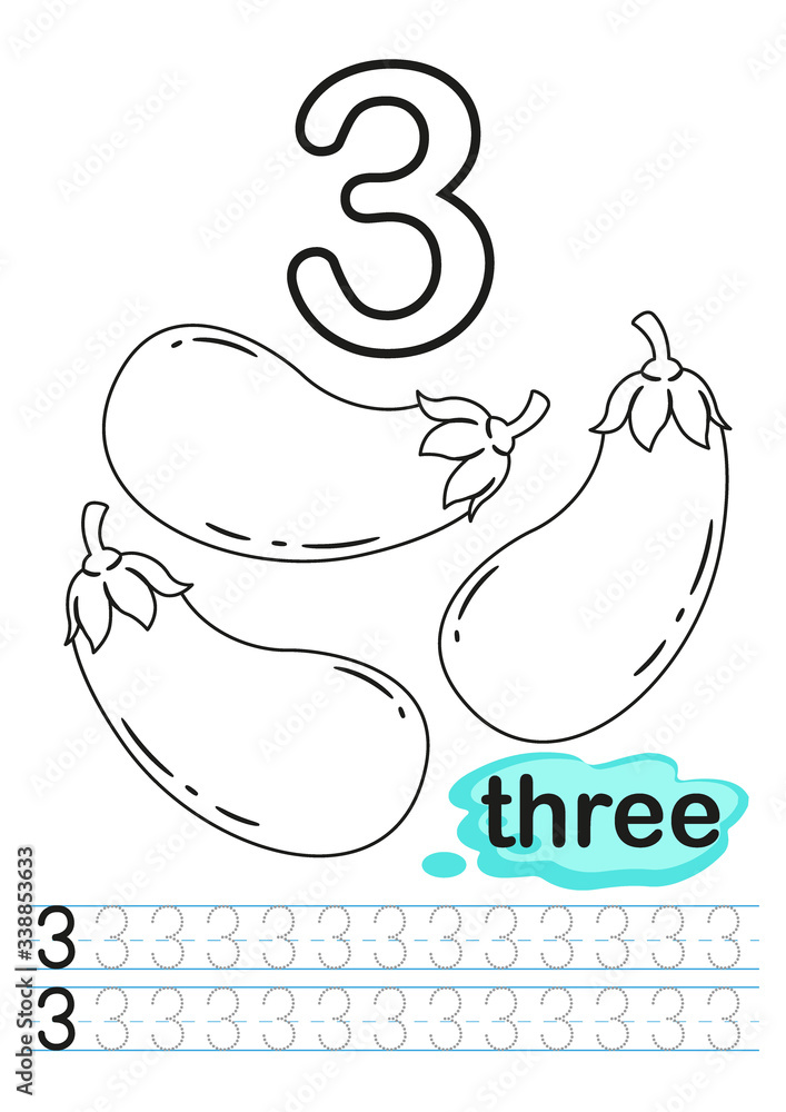 Vector coloring printable worksheet for kindergarten and preschool exercises for writing numbers learn numbers with bright fresh vegetables count and color from to vector