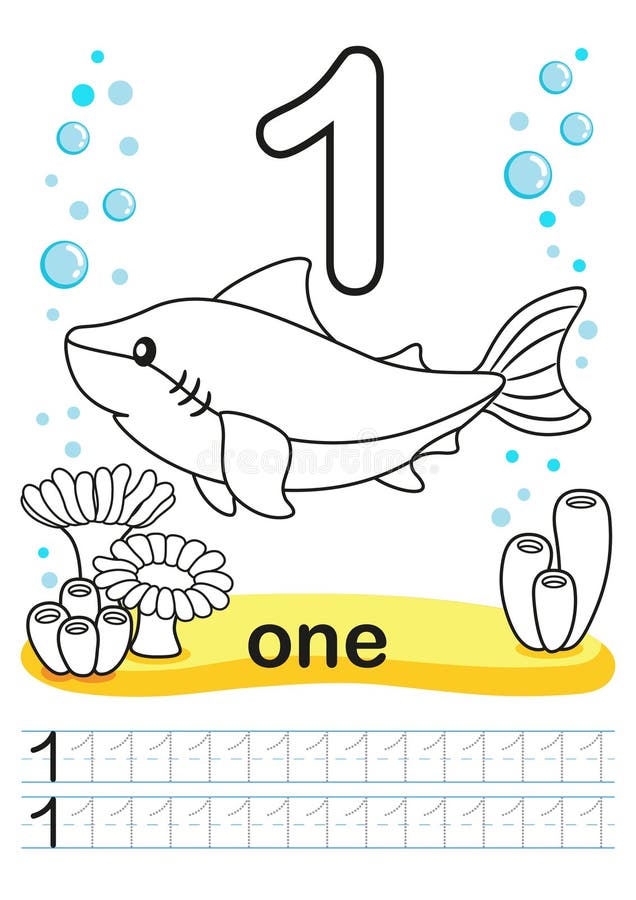 Coloring printable worksheet for kindergarten and preschool we train to write numbers math exercises bright figures on a marine stock vector