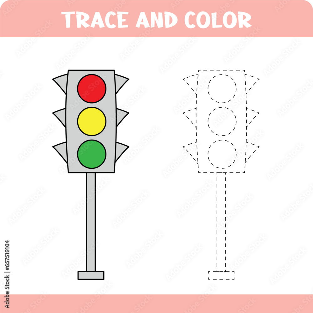 Trace and color educational game for kids worksheet with handwriting practice for preschoolers coloring page for children tracing traffic light vector