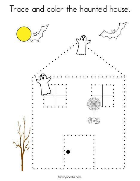 Trace and color the haunted house coloring page