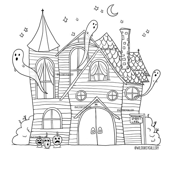 Haunted house coloring page digital download digital